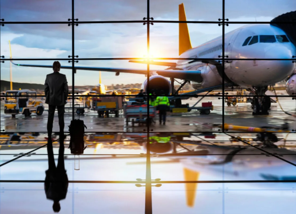 Be a SMART traveler man looking at airplane at boarding gate